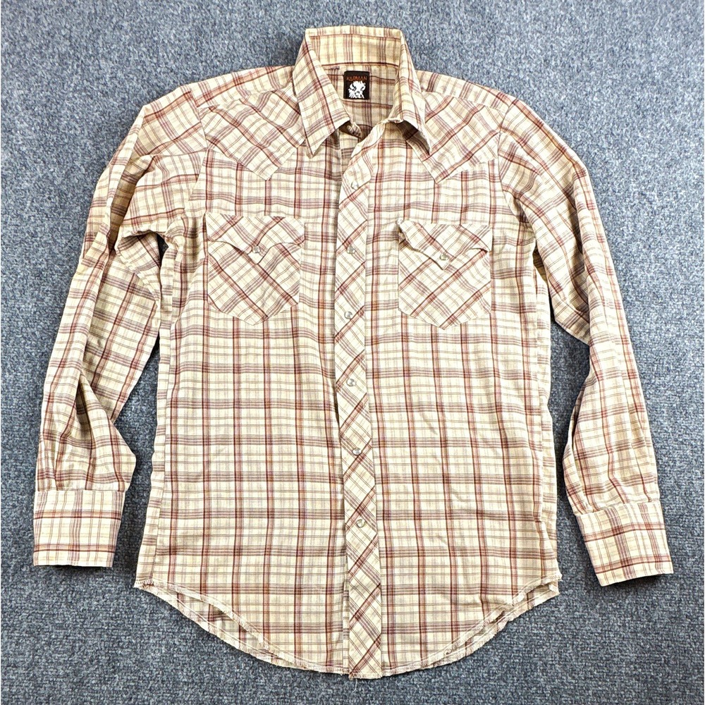 Vintage 70s 80s Karman Western Pearl Snap Shirt Mens L Plaid Tan Brown Cowboy